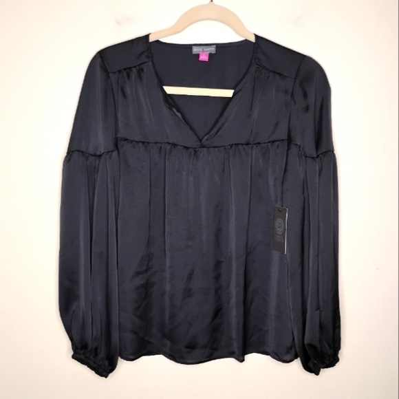NWT Vince Camuto Black Satin Blouse Size S Elegant Party Staple - Picture 2 of 7